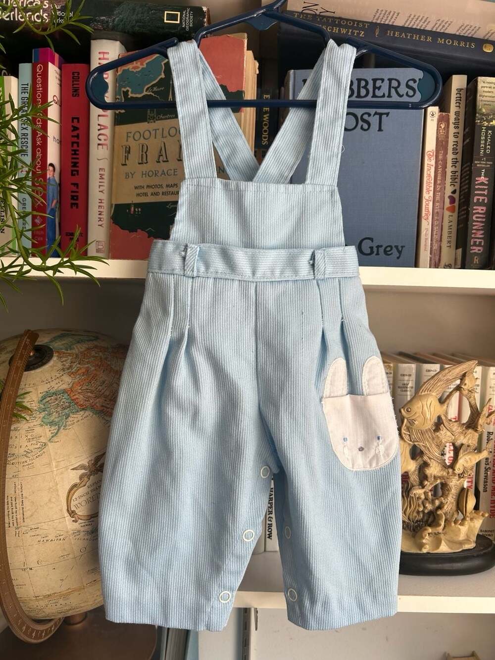 Vintage Light Blue Seersucker Bunny Applique Overalls Romper Newborn